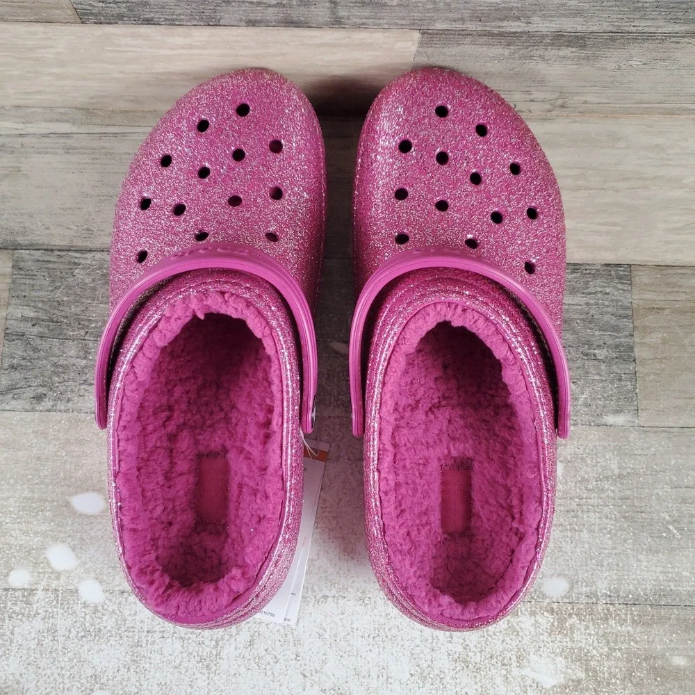 Crocs Classic Lined‎ Glitter Kids Clogs Sz 6 Fuchsia Fun Slingback Sandals